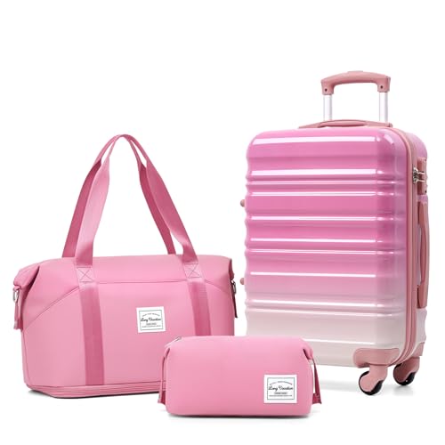 LONG VACATION Carry On Luggage Sets 3 Piece 20 Inch Suitcase Set, ABS+PC Hardshell Lightweight Travel Luggage with Spinner Wheels & YKK Zipper TSA Lock (Pink and White, 20 INCH)