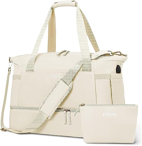 ETRONIK Gym Bag for Women, Personal Item Travel Bag with Shoes Compartment, Weekender Overnight Duffel Bag with Wet Pocket, Carry On Bag for Women, Travel, Gym, Weekend (Beige)