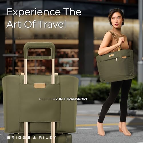 Briggs & Riley Traveler Tote Bag for Women & Men - Nylon Tote Bag for Weekend Travel & Work, Carry On Handbag, Smooth Zipper Closure, Leather Touchpoint - Baseline Collection, Olive