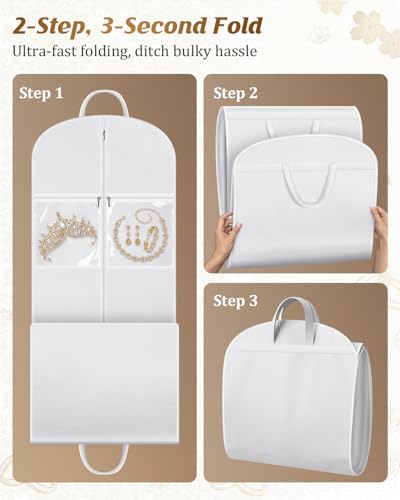 MISSLO Portable 70" Wedding Dress Garment Bag with Bride Tote Bag 8'' Gusseted Dress Bags for Gowns Long 4 Pockets Dress Cover for Women, White
