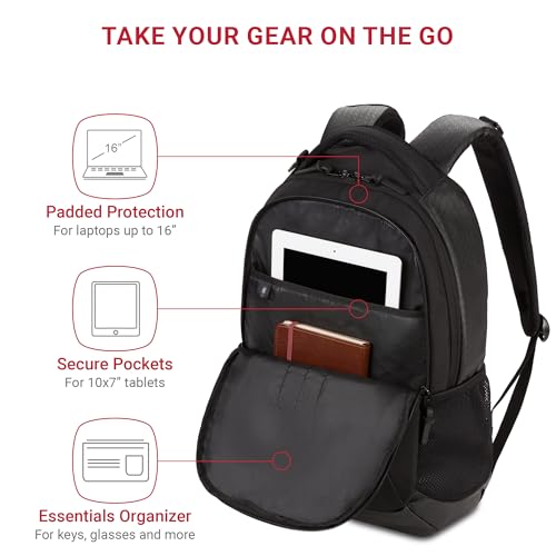 SWISSGEAR Cecil 18-Inch Laptop Backpack Fits 16-Inch Laptop, Travel Daypack with Organizer Pockets, Water Bottle Holders & Padded Straps – Black Hex