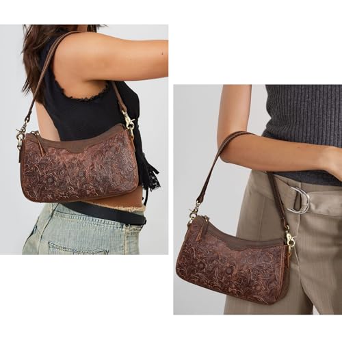 S-ZONE Leather Shoulder Bag for Women Small Crossbody Bags Hobo Purses with 2 Straps (Rose Pattern Dark Brown)