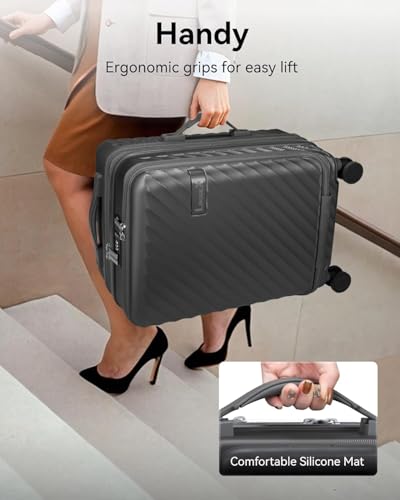 Carry On Luggage with Front Compartment and Cup Holder, KVF Expandable PC Hard Shell Suitcase with Front Pocket (FX-Plus, Ruby Red, 2-Piece (20/Tote))