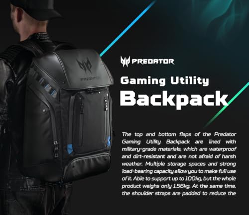Acer PBG591 Predator Utility Gaming Backpack, Water Resistant and Tear Proof Travel Backpack Fits and Protects Up to 17.3" Predator Gaming Laptop, Black with Teal Accents