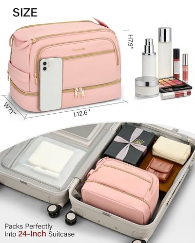 Hanke Travel Toiletry Bag, Lightweight Wide-open Makeup Bag, Dual-Layer Travel Bag for Toiletries Water-Resistant Cosmetic Bags Large Toiletry Bags for Women & Men, Travel Essentials, Pink