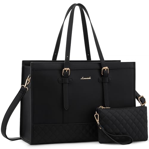 LOVEVOOK Women's 15.6 inch Laptop Tote, Waterproof PU Leather Computer Work Bag, Large Capacity Business Office Tote Black