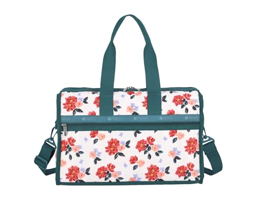 LeSportsac Painterly Floral Deluxe Medium Weekender Crossbody Bag, Style 4318/Color H114, Dreamy Stylized Flower Blooms in Harmonious Shades of Raspberry, Peach & Lilac, Modern Classic Floral