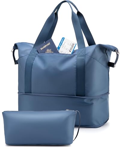 LUGGEX Travel Duffel Bags for Woman, Expandable Weekender Carry On Bag, Overnight Tote Bag with Toiletry Bag for Sport Gym Hospital (TTX, Blue)