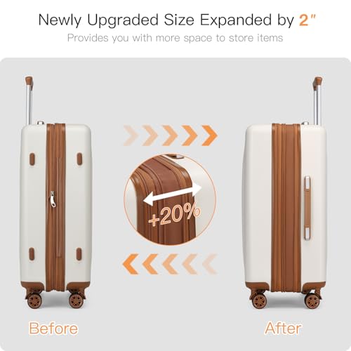 Kono Lightweight 28 Inch Expandable Luggage with Quiet Spinner Wheels TSA Lock, Scratch and Drop Resistant PC+ABS Hardside Durable Large Checked Suitcase, Cream White & Brown