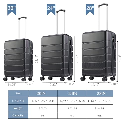 OLIXIS 3-Piece Luggage Set, Carry On Suitcases with Spinner Wheels, Expandable Travel Luggage with TSA Approved Lock & ABS Hard Shell, Black, 20/24/28 Inch