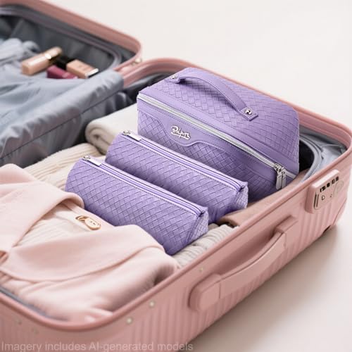 BOYATU Travel Makeup Bag Cosmetic Bags for Women: Large Capacity 3 Pcs Set Make up Bag with Compartments - Waterproof Vegan Leather Toiletry Organizer Bags with Handle (L01 Purple)