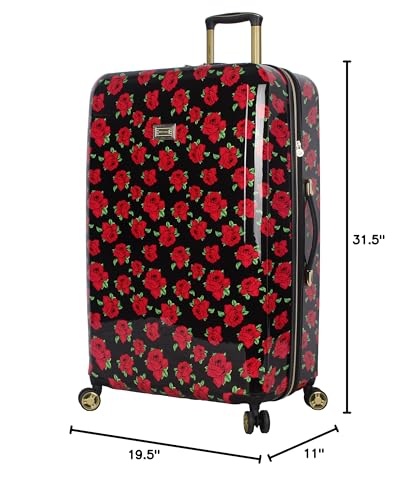Betsey Johnson 30 Inch Checked Luggage Collection - Expandable Scratch Resistant (ABS + PC) Hardside Suitcase - Designer Lightweight Bag with 8-Rolling Spinner Wheels (Covered Roses, 30in)