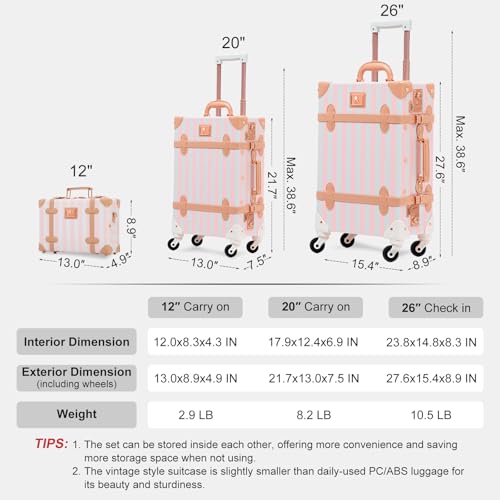 UNIWALKER Vintage Luggage Set, 2 Piece Faux Leather Carry on Suitcase with Spinner Wheels TSA Lock and Cosmetic Train Case for Women, Pink Strip, 20"+12"