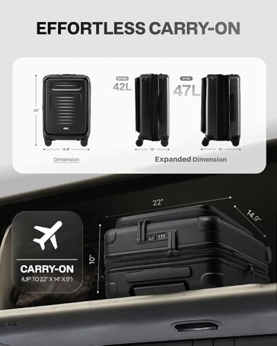 Coolife Carry On Luggage Suitcase : 22x14x9 Airline Approved Travel Luggage with Spinner Wheels, Front Pocket Expandable Hardshell Suitcases with TSA Lock Black
