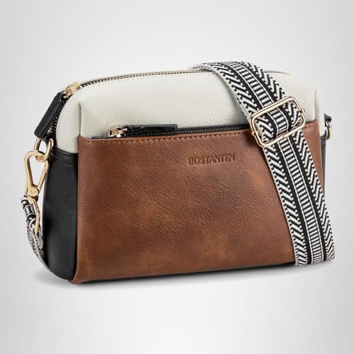 BOSTANTEN Small Crossbody Purse for Women Triple Zip Cell Phone Leather Shoulder Handbag with Wide Guitar Strap Brown with Black
