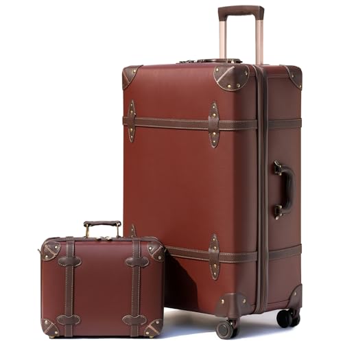 NZBZ Vintage Luggage Sets of 2, Vintage Suitcase Set for Women and Men, Cute Retro Luggage Sets Vintage Handmade Zipper Retro Trunk Luggage (Caramel Brown, 14inch & 28inch)