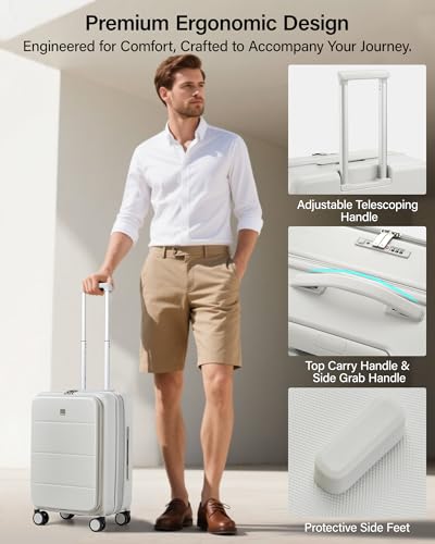 MILADA 20-Inch Expandable Carry On Luggage, Hard Shell Top-Opening Luggage with Wheels, TSA-Approved Small Travel Bag for Men and Women Carry-On Suitcase, White