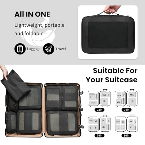 Prezon Compression Packing Cubes for Travel, Lightweight Vacation Travel Essentials, Travel Accessories for Suitcase Organizer Bags Set, Durable Luggage Organizer, 8 set, squre mesh, black
