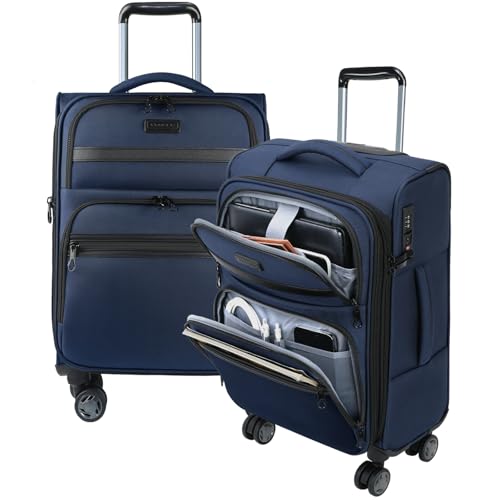 KROSER Softside Expandable Carry On Luggage with Front Business Pockets，20 Inch Suitcases with Spinner Wheels & Built-in TSA Lock, Durable Suitcase Rolling Luggage with USB Port, Navy