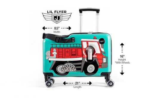 Younglingz LIL FLYER GO Version 2 Ride On Suitcase for Kids | Carry On Luggage with Toddler Seat, Foldable Handlebars, Pedals, and Removable Wheels | Holds up to 80 lbs | FIRETRUCK | Ages 2-6
