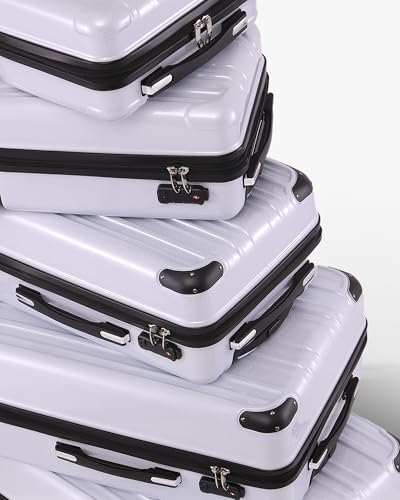 Coolife Luggage Expandable(only 28") Suitcase PC+ABS Spinner 20in 24in 28in Carry on (white grid new, 5 piece set)