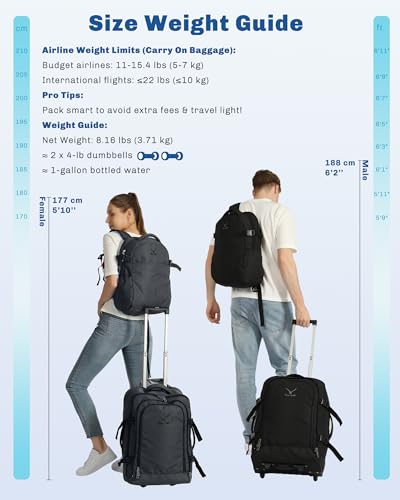 Hynes Eagle 2 in 1 Travel Backpack 22 inches Carry on Luggage 63L Rolling Backpack for Men Women with Packing Cubes 3PCS Set Black
