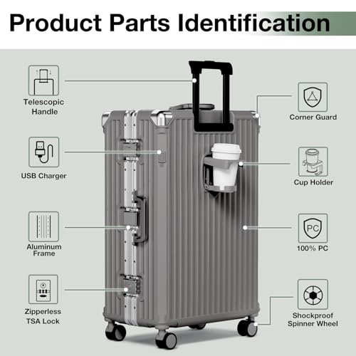 Krute No Zipper Luggage Set 2 Pieces Aluminum Frame PC Hard Shell Zipperless Suitcase Set With Wheels TSA Lock Carry On Luggage and Checked Suitcases