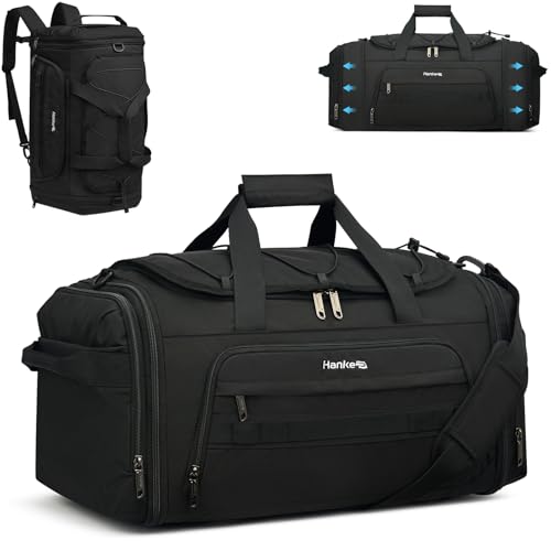 Hanke Duffle Bag for Travel, Dual Expandable 45L-55L Carry On Duffel, 3 In 1 Weekender Tote, Water Resistant Overnight Bag with 15.6" Compartment for Men Women, Black