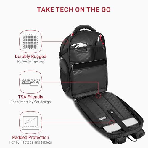 SwissGear Travel Tech Elite Laptop Backpack – Fits Laptops up to 16” – ScanSmart TSA-Friendly Backpack with USB Port, Shoe Compartment & Organizer Pockets – Black Dot