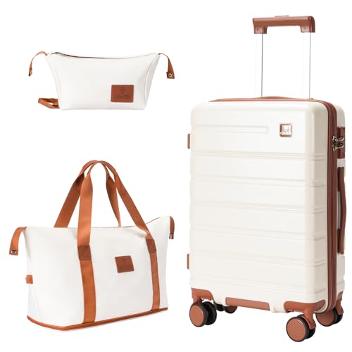 QIMER Carry on Luggage Set, 20 Inch Suitcase with 100% PC hardshell, Lightweight TSA Locks Quiet Spinner Wheels Durable Zipper, Suitable for Men and Women, Y01 Beige(20"/DB/TB) Slightly Small