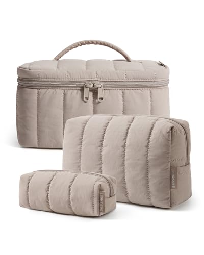 BAGSMART Travel Makeup Bag for Women, 3 Pcs Puffy Padded Cosmetic Organizer Bag, Large Toiletry Case and Small Purse Pouch for Gym, Work, Girls (Camel)
