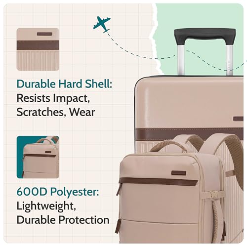 U.S. Traveler Vista Way 3-Piece Travel Set, 21-Inch Carry-on Hardside with TSA Lock, 18-Inch Travel Backpack with Laptop Sleeve, Toiletry Bag, Beige