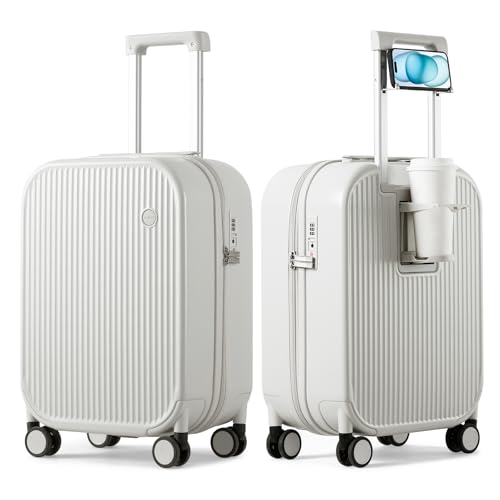 mixi Carry On Luggage with Cup Phone Holder Hard Shell Rolling Travel Suitcase with Spinner Wheels,20 Inch Smoke White