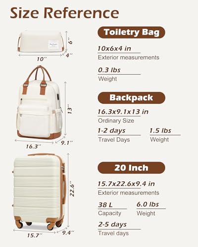 LONG VACATION 3 Piece Carry On Luggage Set with Backpack, 20 Inch Carry Suitcase with Spinner Wheels, ABS+PC Hardshell Suitcase set with TSA Lock & YKK Zipper