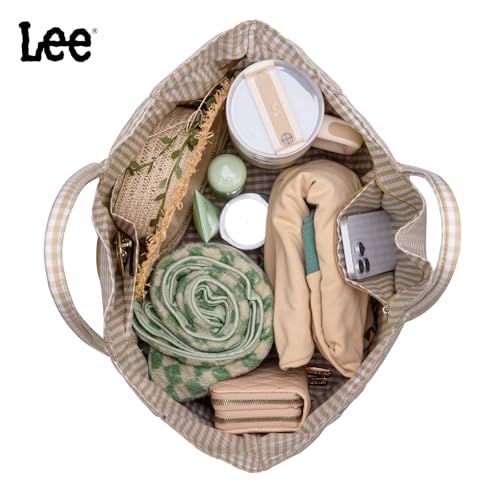 Lee Gingham Tote Bag for Women, Extra Large Cotton Shoulder Bag, Casual Cute Plaid Tote Bag Lightweight Beach Handbag, Multipurpose Reusable Grocery for Travel, Shopping, Weekender, LEE64-001TN