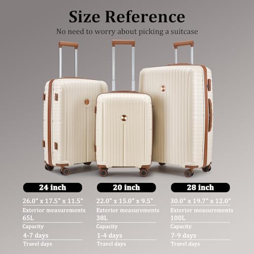 Joyway Luggage Sets 5 Piece PP Hardshell Carry on Suitcase, Travel Lightweight Carry-on with Double Spinner Wheels and TSA Lock, Beige Brown