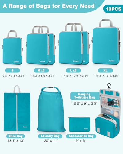 Gonex 10 Set Compression Packing Cubes, Expandable Storage Travel Bags for Suitcase, Luggage Organizers with Hanging Toiletry Bag Laundry Bag Shoe Bag Accessories Bag (Blue)