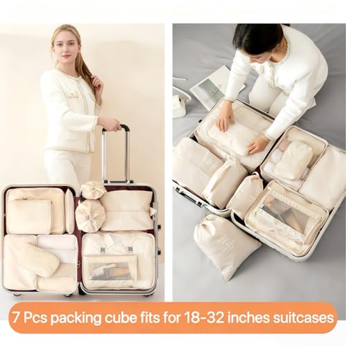HLILai Packing Cubes for Travel - 7 Set Luggage Organizer Bags for Family, Mesh Breathable Travel Packing Cubes for Suitcases Durable Essentials Bags Set with Large Toiletries Bag(Beige)
