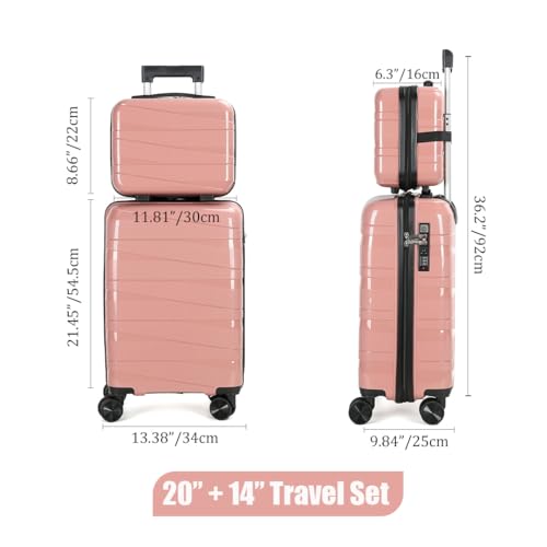 AGVOTK 20" Carry On Luaggage set, 2 Piece Spinner Suitcase Set with USB & Cupholder, Airline Compatible (Rose Pink)