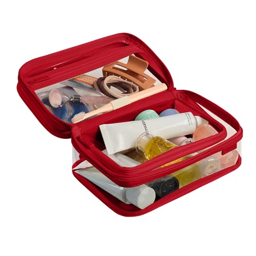 Away Clear Small Toiletry Bag - Compact Transparent Travel Organizer for Toiletries & Beauty Essentials, Cherry Red
