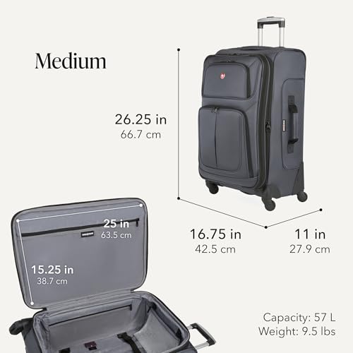SWISSGEAR Sion Softside Expandable Spinner Luggage Durable Lightweight Travel Suitcase, Dark Grey, 2-Piece Set (Carry-On/Medium)
