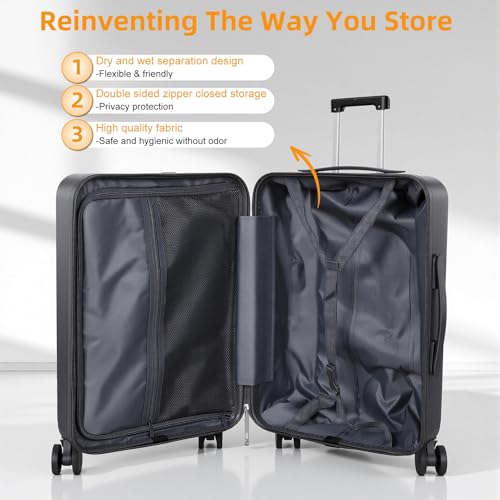 20-Inch Carry-On Luggage with USB Port – ABS+PC Hard Shell Suitcase TSA Lock 360° Spinner Wheels – Lightweight Airline-Approved Travel Bag with Cup Holder & Side Hooks for Business Trips Dark Gr