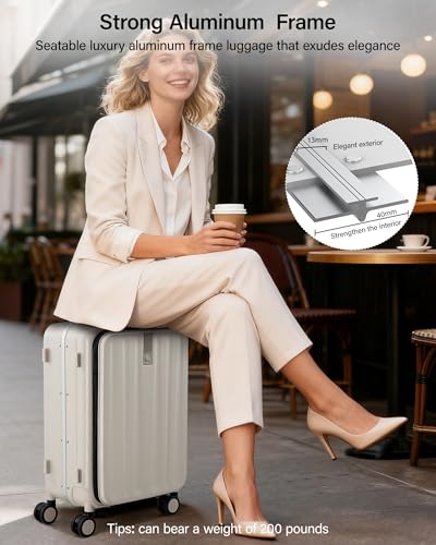Hanke 26 Inch Large Luggage Suitcase Top Opening Aluminum Frame Travel Luggage Hard Shell Suitcases with Wheels for Woman Men.(Ivory white)
