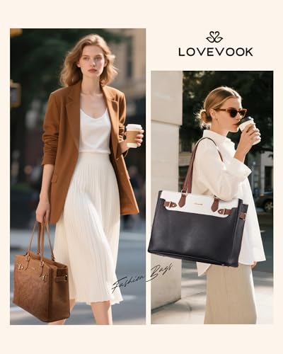 LOVEVOOK Laptop Tote Bag for Women Work, Teacher Tote Bag Nurse Bag with Large Cup Holder, 15.6 Inch Waterproof Leather Computer Bag Professional Business Office Briefcase, Black-beige-brown