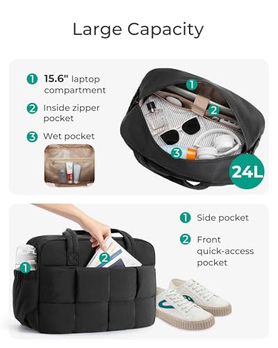 BAGSMART Gym Bag for Women, Small Personal Item Bag Puffer Duffle Bag, Weekender Overnight Bag Carry On Tote Bag for Travel, Black