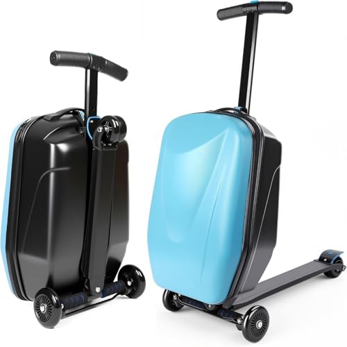 GDLHY 2-in-1 Ride-On Scooter Suitcase,Carry On Hardshell Ride On Suitcase Scooter for Kids Age 4-15, Multifunctional Ride On Lightweight Kids Luggage with Wheels(Size:Blue)