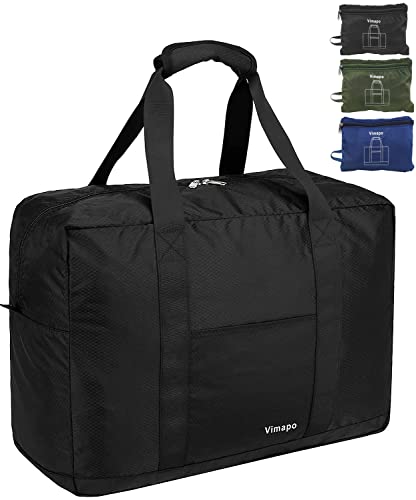 Vimapo Foldable Travel Duffle Bag with Trolley Sleeve 40L - 18x14x8 inches Airline Underseat Lightweight Travel Bag - Packable Ripstop Nylon Carry on Bag (Black)