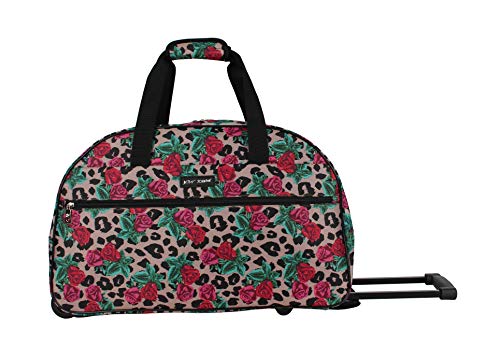 Betsey Johnson Designer Carry On Luggage Collection - Lightweight Pattern 22 Inch Duffel Bag- Weekender Overnight Business Travel Suitcase with 2- Rolling Wheels (One Size, Leopard Rose)