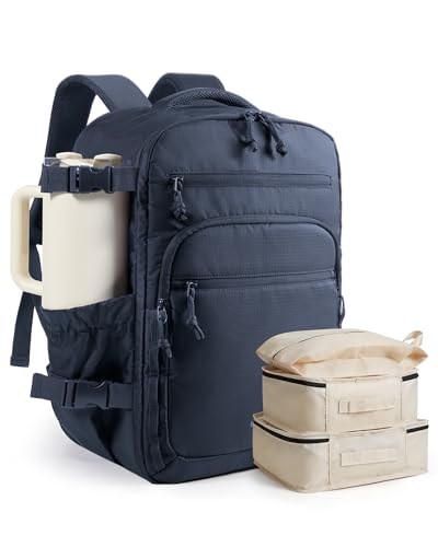 BAGSMART Travel Backpack for Women & Men 17.3 inch Laptop, Flight Approved Carry on Backpack with Shoe bag & 2 Packing Cubes, Water-Resistant Large Business Travel Bag, Weekender Bag - Navy Blue