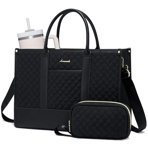 LOVEVOOK Laptop Bags for Women, 15.6 inch Waterproof Work Tote Bag with Clutch, Professional Teacher Computer Purse Lightweight Shoulder Bag Travel, Quilted Black